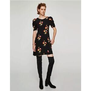 ZARA Basics Black Floral Crepe Dress with Puff Sleeves Size Small